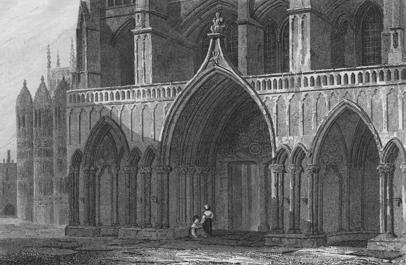 Westminsterské opatství, North Porch, s částí kaple Jindřicha 7. (rytina) od John Preston Neale