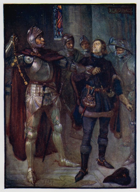 Archibald, hrabě z Angusu, zatýkání architekta Roberta Cochrana, oblíbence skotského krále Jakuba III., a svlékání zlatého řetězu z jeho krku, 1482 od J. R. Skelton