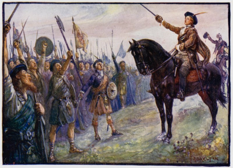 25letá Bonnie Prince Charlie promlouvající ke svým vojákům, Jacobite Rising z roku 1745 od J. R. Skelton