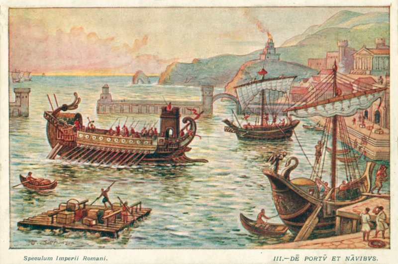 Starověký římský přístav a lodě (barva litho) od J. Williamson