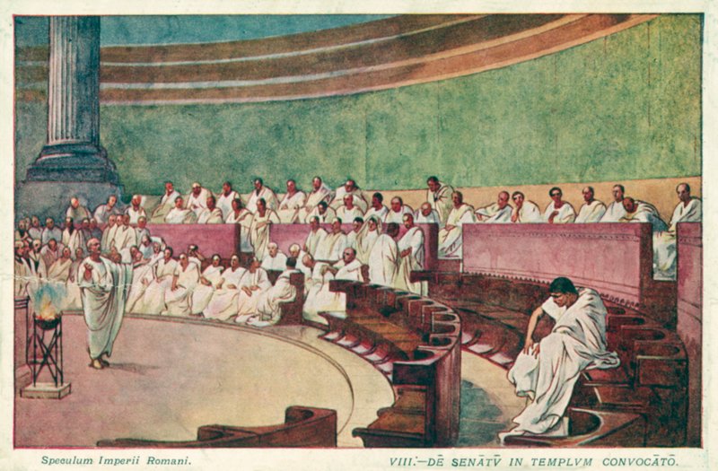 Cicero útočí na Catilinu v senátu starověkého Říma (barva litho) od J. Williamson