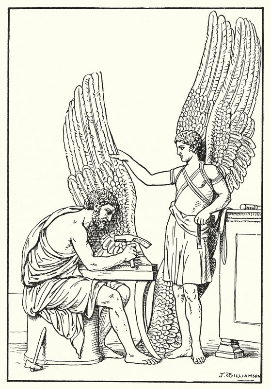Daidalos a Ikarus, z basreliéfu, Řím (litografie) od J. Williamson