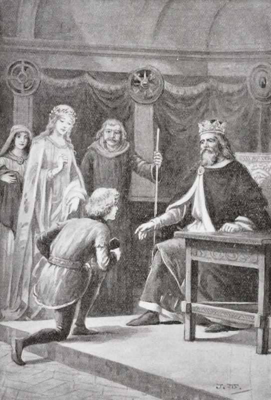 Gareth přišel požádat o druhou laskavost, aby se stal jedním z králových rytířů a směl pomáhat paní (lit.). od J. Williamson