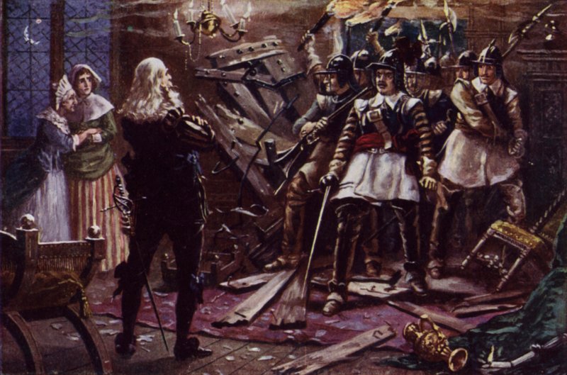 Parlamentní vojáci Olivera Cromwella vnikají do domu stoupence krále Karla I. (barevné lito) od J. Williamson