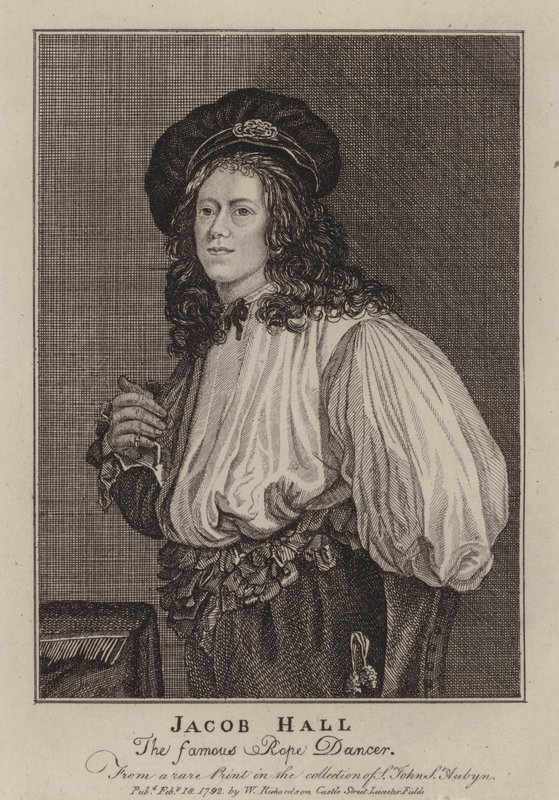 Jacob Hall, anglický provazový tanečník a akrobat aktivní za vlády krále Karla II. (rytina) od Jacob (after) Van Oost the Younger