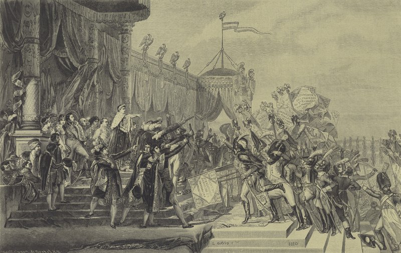 Napoleon distribuující orlí standarty francouzské armádě, 5. prosince 1804 (rytina) od Jacques Louis (after) David