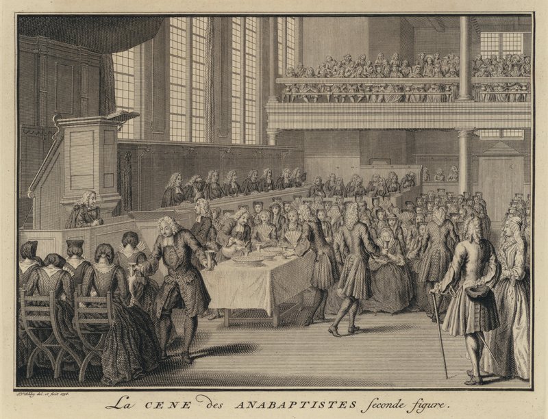 Večeře Páně v anabaptistickém kostele (rytina) od Jakob van der Schley