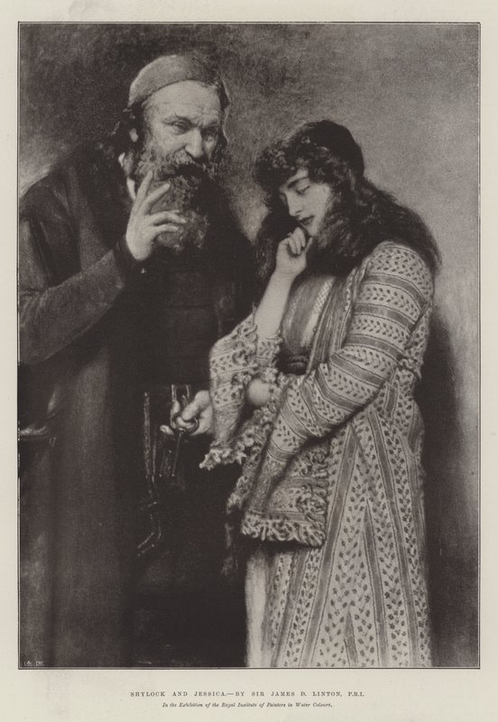 Shylock a Jessica na výstavě Royal Institute of Painters in Water Colors od James Dromgole Linton