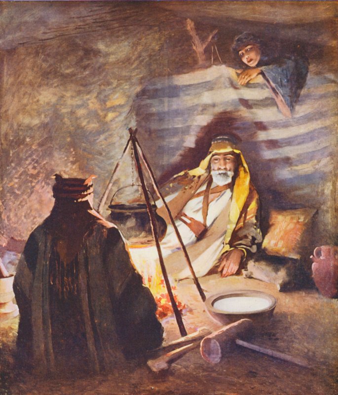Svatá země: "Dům z vlasů", interiér stanu Bedaween (barevná litografie) od James (after) Clark