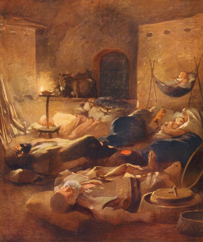 Svatá země: Interiér domu Fellahheen v noci (barevná litografie) od James (after) Clark
