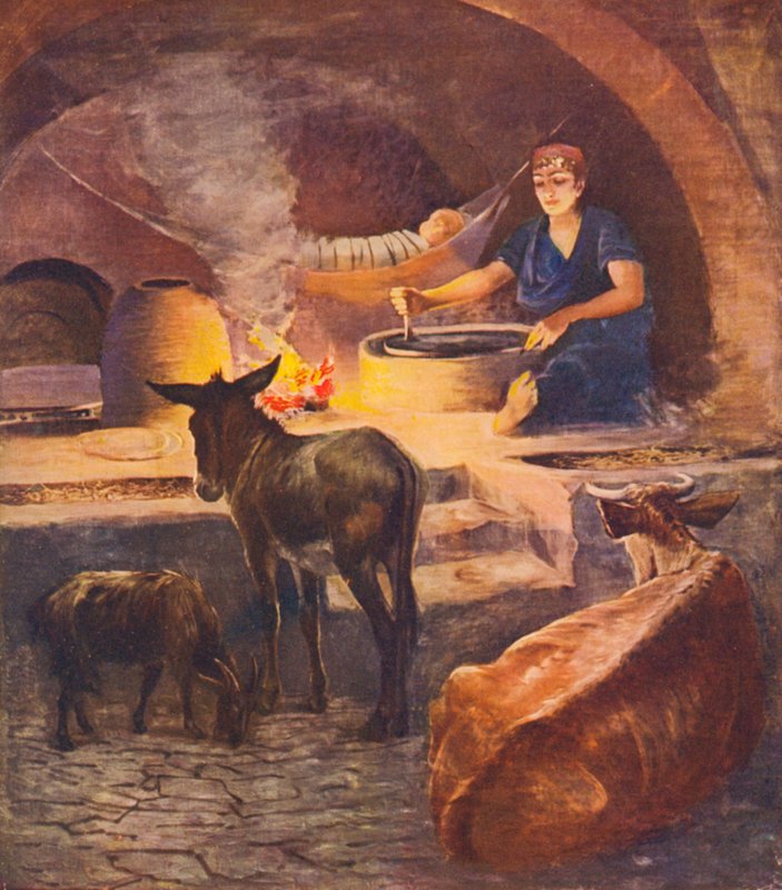 Svatá země: Interiér domu Fellahheen, časné ráno v zimě (barevná litografie) od James (after) Clark