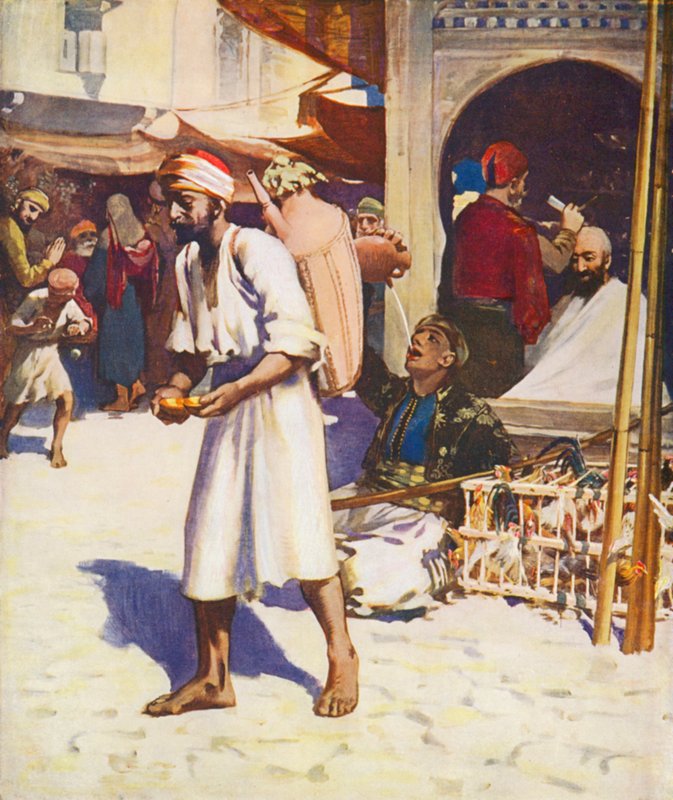 Svatá země: Prodavač vody a život v palestinském městě (barevná litografie) od James (after) Clark