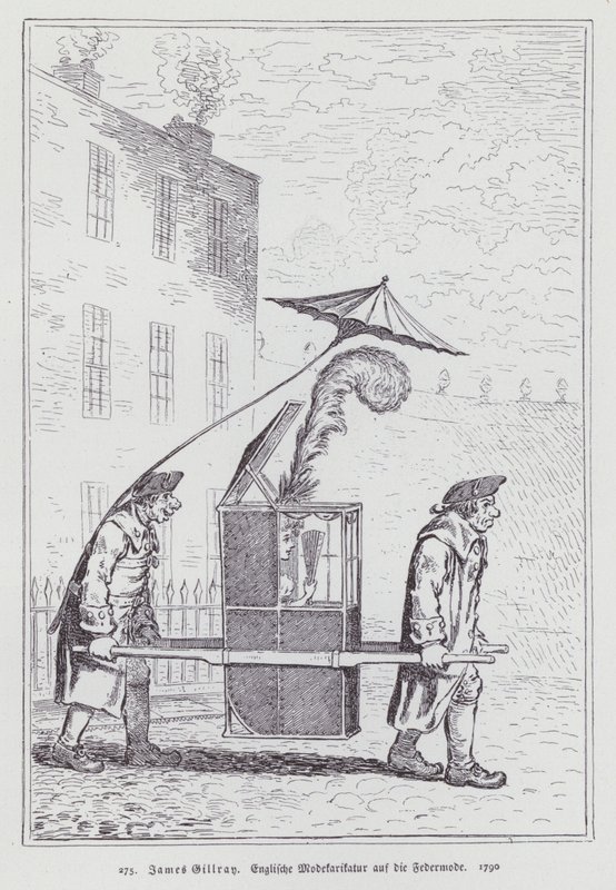 Anglická karikatura zesměšňující módu pro ženy s péřovými čelenkami od James (after) Gillray