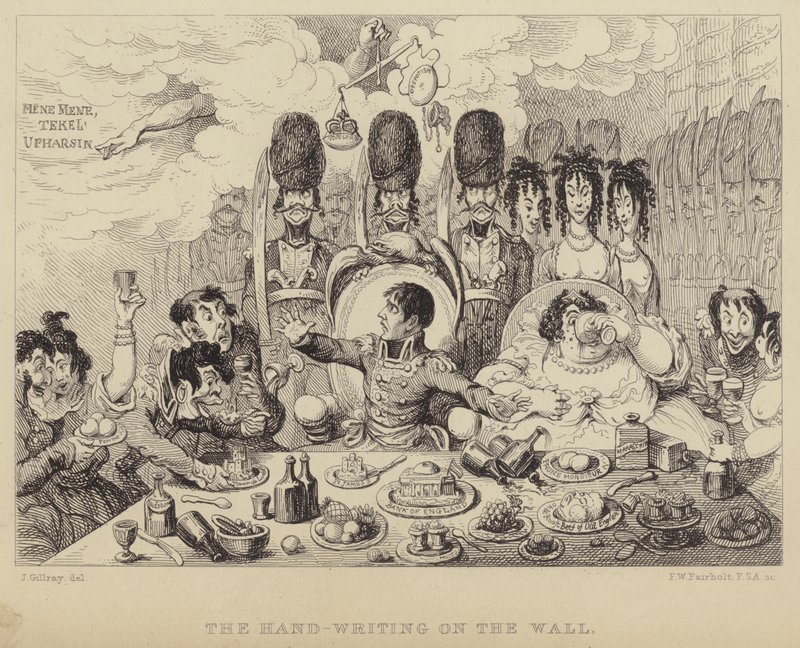 Ruční písmo na zdi: parodie na Belšazarův svátek zobrazující Napoleona a jeho manželku Josephine od James (after) Gillray