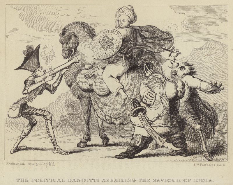 Političtí banditi útočí na Spasitele Indie: Warren Hastings, bývalý guvernér Bengálska, pod útokem politiků Edmunda Burkeho, Charlese Jamese Foxe a Lorda Northa od James (after) Gillray