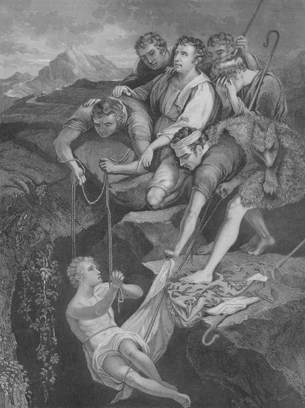 Josef uvržen do jámy, Genesis 37, verš 3-25 (rytina) od James (after) Northcote