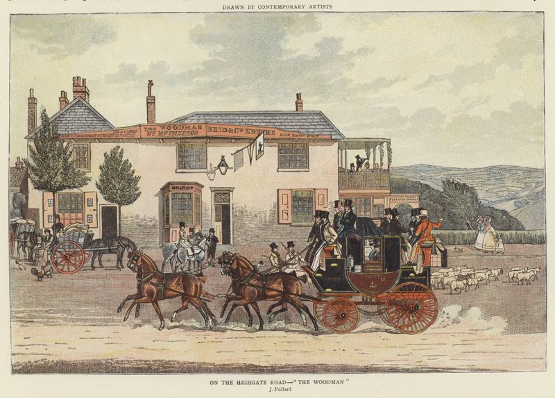 Na Highgate Road - "The Woodman" (barva lito) od James (after) Pollard