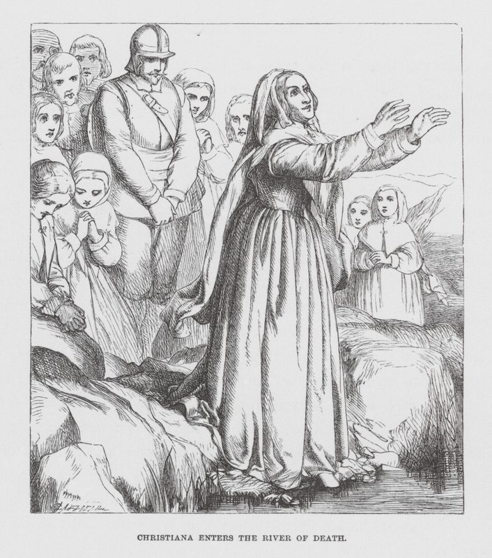 Christiana vstupuje do řeky smrti (rytina) od James Dawson Watson