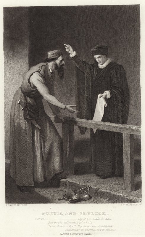 Portia a Shylock, kupec benátský, dějství IV, scéna I od James Dawson Watson