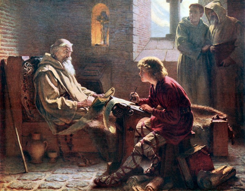 Ctihodný Beda překládá poslední kapitolu sv. Jana. The Illustration from An Outline of Christianity edited AS Peake et al (Waverley, c 1910.) od James Doyle Penrose
