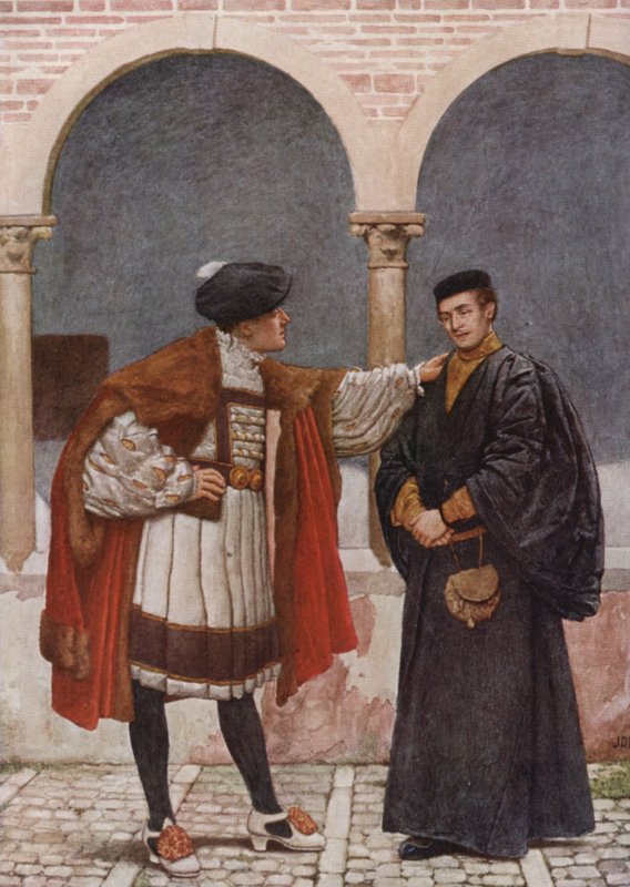 Shakespearův Kupec benátský: Antonio a Bassanio (barevná litografie) od James Dromgole Linton