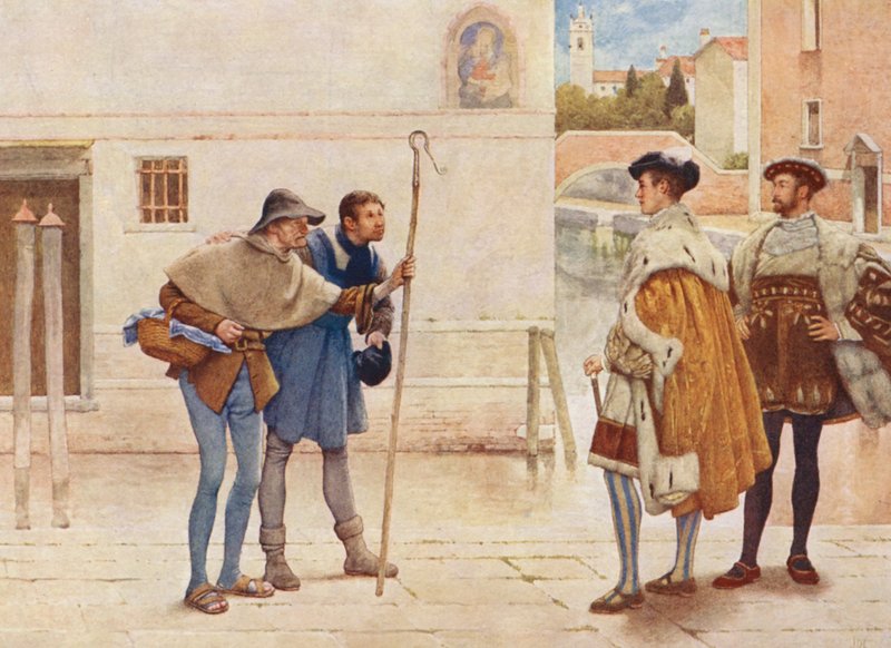 Shakespearův Kupec benátský: (barevná litografie): Bassanio, Lorenzo, Starý Gobbo a Launcelot Gobbo (barevná litografie) od James Dromgole Linton
