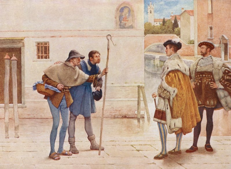 Shakespearův Kupec benátský: (barevná litografie): Bassanio, Lorenzo, Starý Gobbo a Launcelot Gobbo (barevná litografie) od James Dromgole Linton