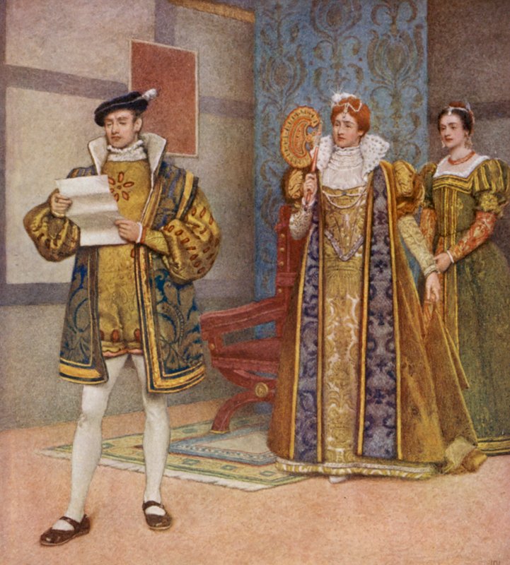 Shakespearův Kupec benátský: Bassanio, Portia a Nerissa (barevná litografie) od James Dromgole Linton