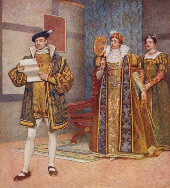 Shakespearův Kupec benátský: Bassanio, Portia a Nerissa (barevná litografie) od James Dromgole Linton