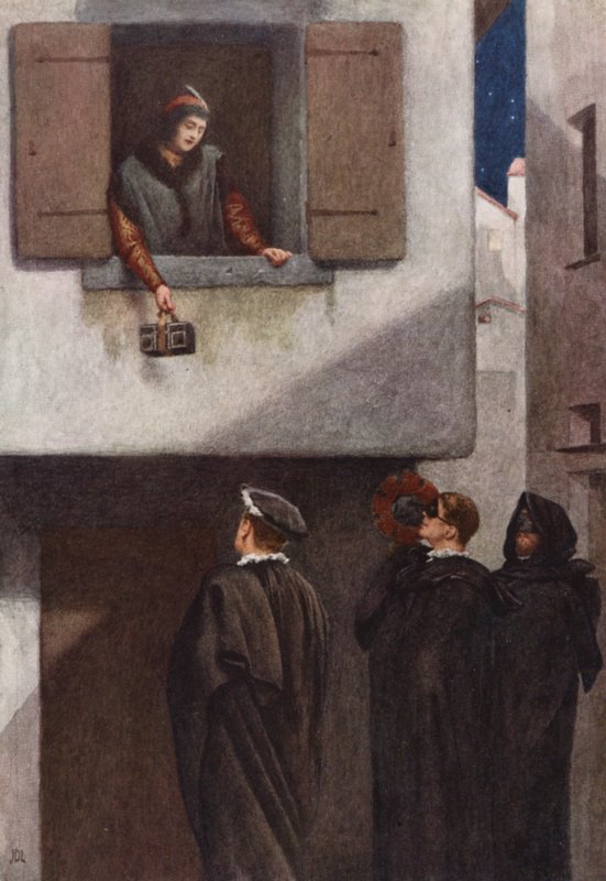 Shakespearův Kupec benátský: (barevná litografie): Jessica, Lorenzo, Gratiano a Salarino (barevná litografie) od James Dromgole Linton