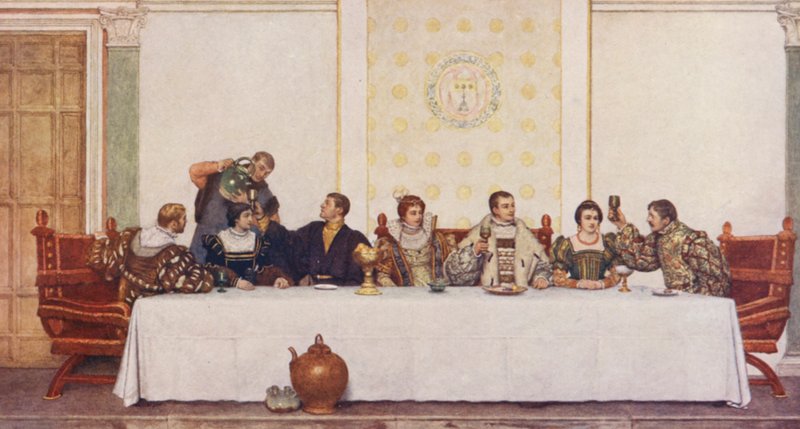 Shakespearův Kupec benátský: (barevná litografie): Lorenzo, Jessica, Antonio, Portia, Bassanio, Nerissa a Gratiano (barevná litografie) od James Dromgole Linton
