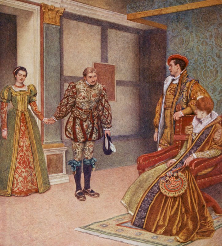 Shakespearův Kupec benátský: Portia, Bassanio, Gratiano a Nerissa (barevná litografie) od James Dromgole Linton