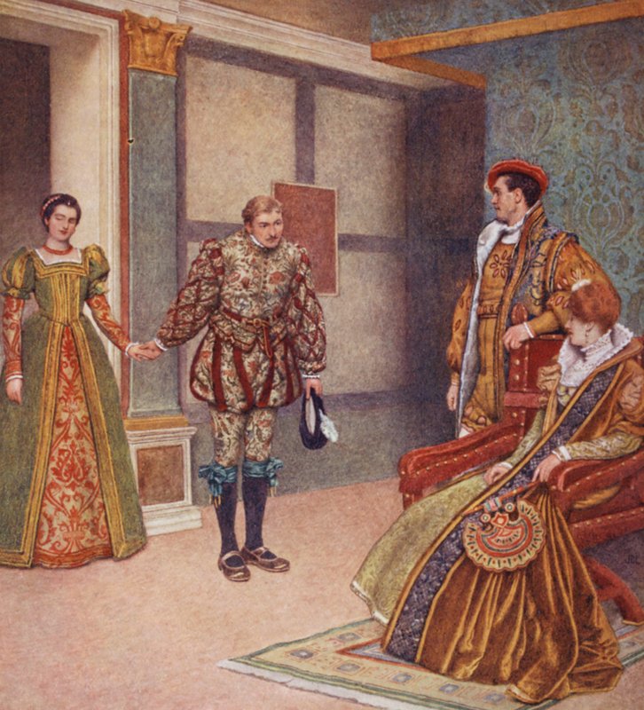 Shakespearův Kupec benátský: Portia, Bassanio, Gratiano a Nerissa (barevná litografie) od James Dromgole Linton
