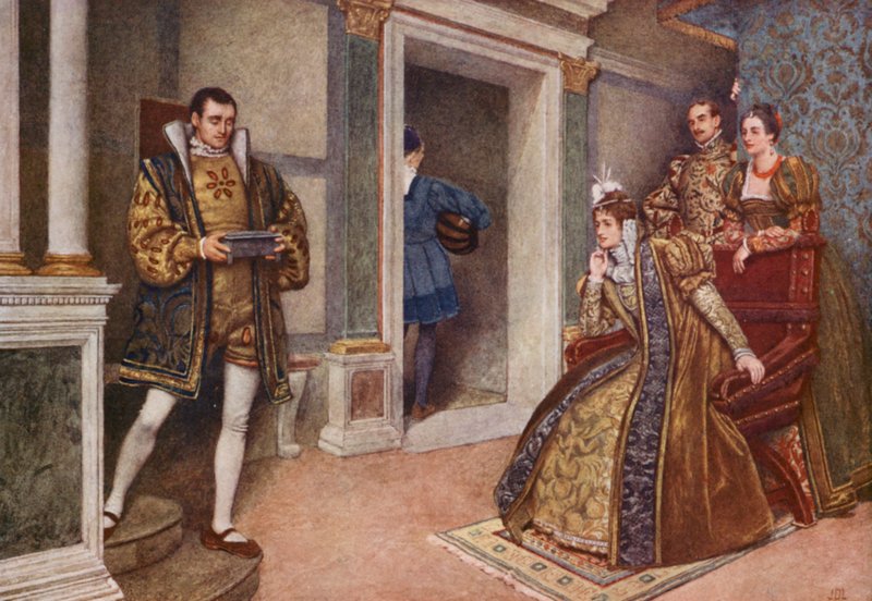 Shakespearův Kupec benátský: Portia, Bassanio, Nerissa a Gratiano (barevná litografie) od James Dromgole Linton