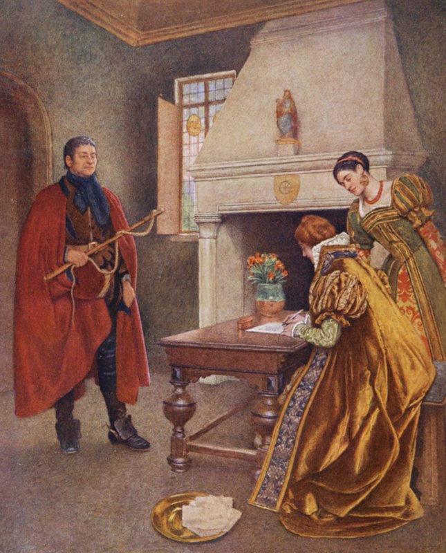 Shakespearův Kupec benátský: Portia, Nerissa a Baltazar (barevná litografie) od James Dromgole Linton