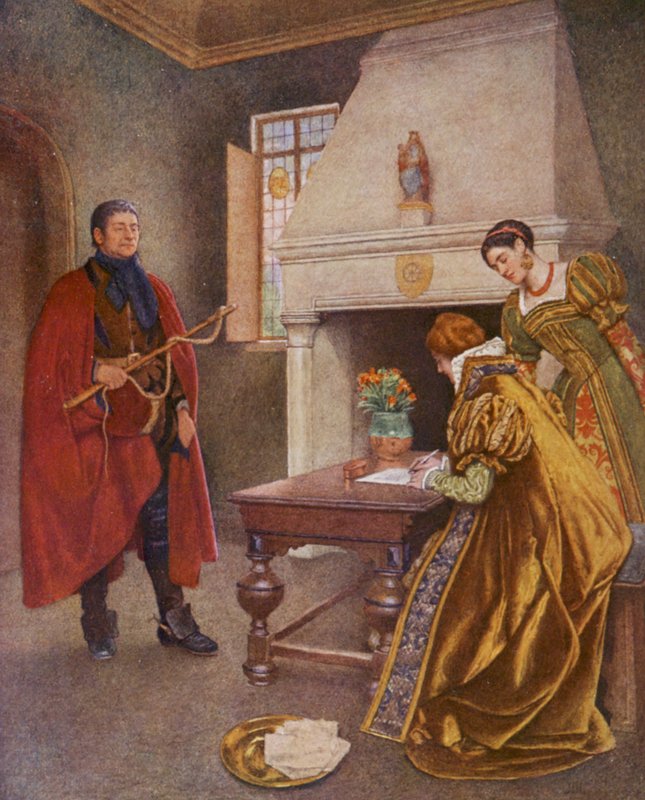 Shakespearův Kupec benátský: Portia, Nerissa a Baltazar (barevná litografie) od James Dromgole Linton