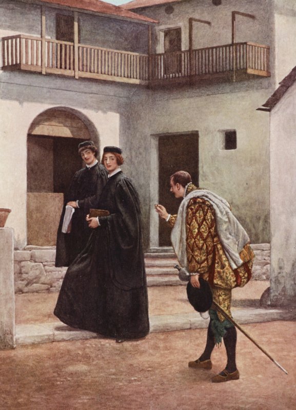 Shakespearův Kupec benátský: Portia, Nerissa a Gratiano (barevná litografie) od James Dromgole Linton