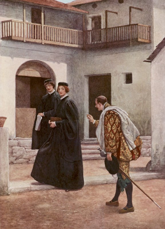 Shakespearův Kupec benátský: Portia, Nerissa a Gratiano (barevná litografie) od James Dromgole Linton