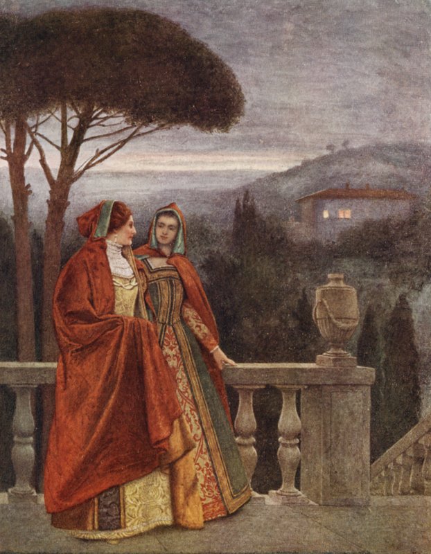 Shakespearův Kupec benátský: Portia a Nerissa (barevná litografie) od James Dromgole Linton