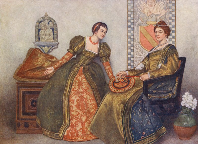 Shakespearův Kupec benátský: Portia a Nerissa (barevná litografie) od James Dromgole Linton