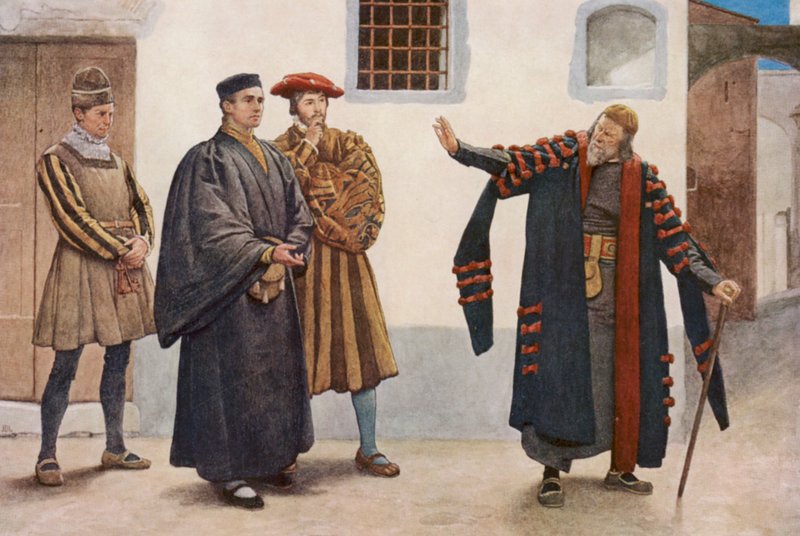 Shakespearův Kupec benátský: (barevná litografie): Shylock, Antonio, Salarino a Gaoler (barevná litografie) od James Dromgole Linton