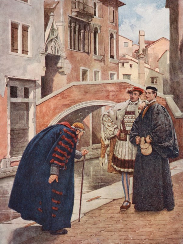 Shakespearův Kupec benátský: (barevná litografie): Shylock, Bassanio a Antonio (barevná litografie) od James Dromgole Linton