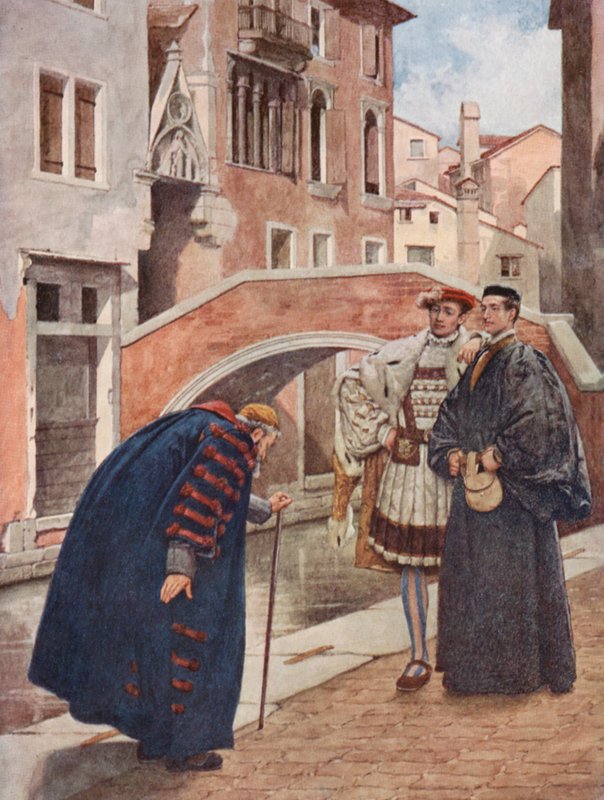 Shakespearův Kupec benátský: (barevná litografie): Shylock, Bassanio a Antonio (barevná litografie) od James Dromgole Linton