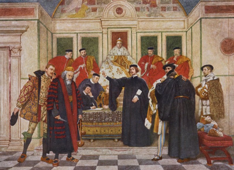 Shakespearův Kupec benátský: Shylock, Portia, Bassanio, Antonio, Gratiano a Nerissa (barevná litografie) od James Dromgole Linton