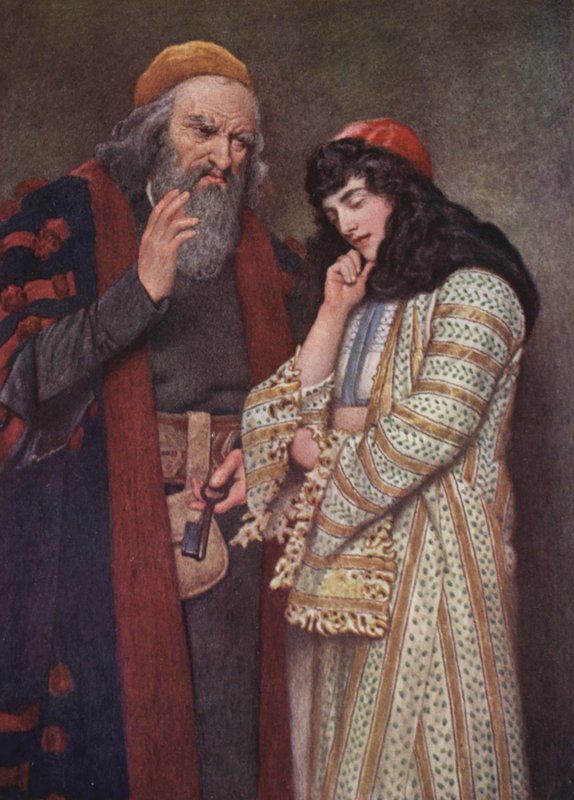 Shakespearův Kupec benátský: Shylock a Jessica (barevná litografie) od James Dromgole Linton