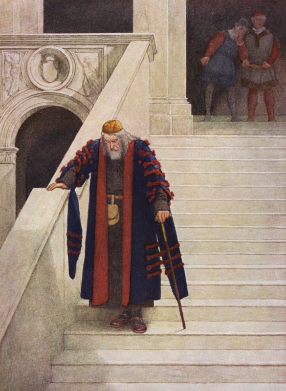 Shakespearův Kupec benátský: Shylock opouští vévodský palác (barevná litografie) od James Dromgole Linton