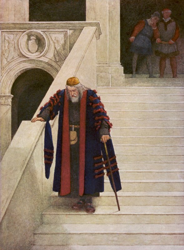 Shakespearův Kupec benátský: Shylock opouští vévodský palác (barevná litografie) od James Dromgole Linton