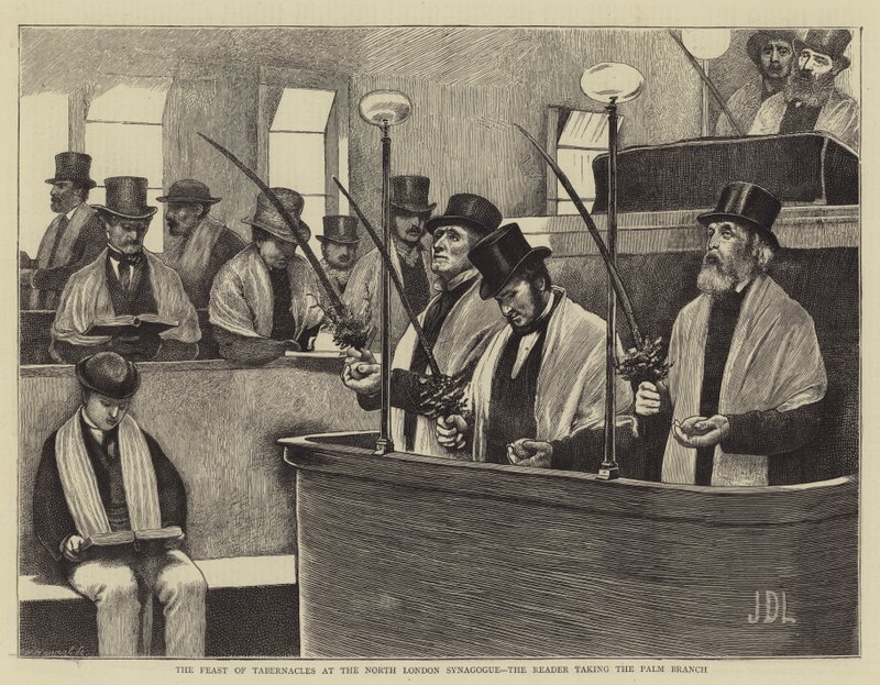Svátek stánků v severolondýnské synagoze, čtenář bere palmovou ratolest od James Dromgole Linton