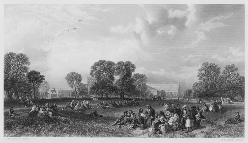 Hyde Park v roce 1851, z obrázku v královské sbírce (rytina) od James Duffield Harding