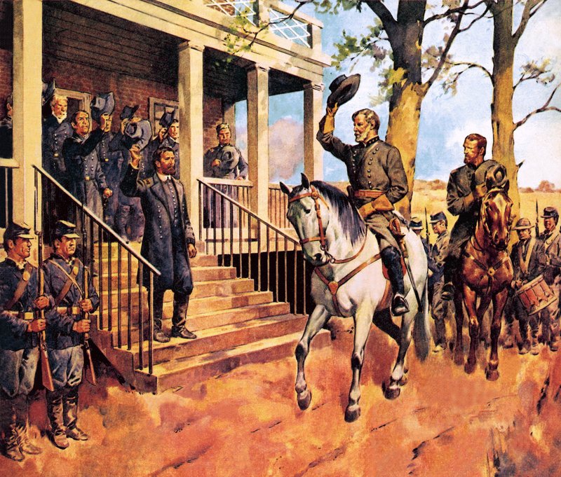 Generál Lee a jeho kůň Traveller se vzdávají generálu Grantovi od James Edwin McConnell